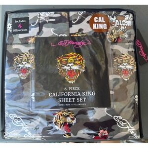 Ed Hardy CAL KING Sheet Set CAMO Tattoo Tiger Hearts Y2K Grunge 6 Piece NWT